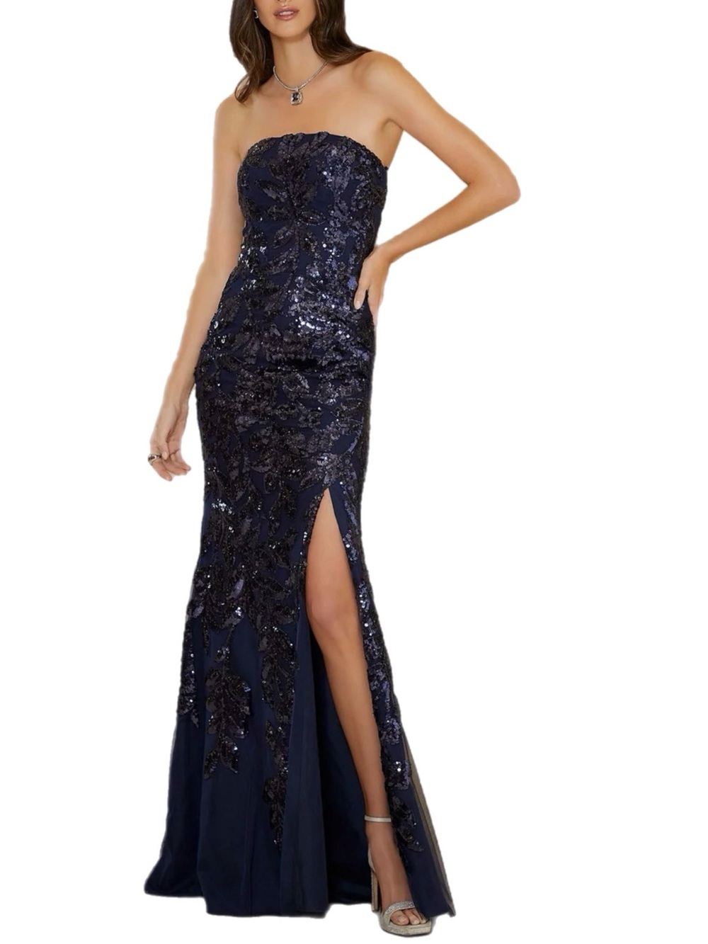 NWT Madeline Gardner NY Morilee $605 MSRP Navy Sequin Strapless Formal Gown